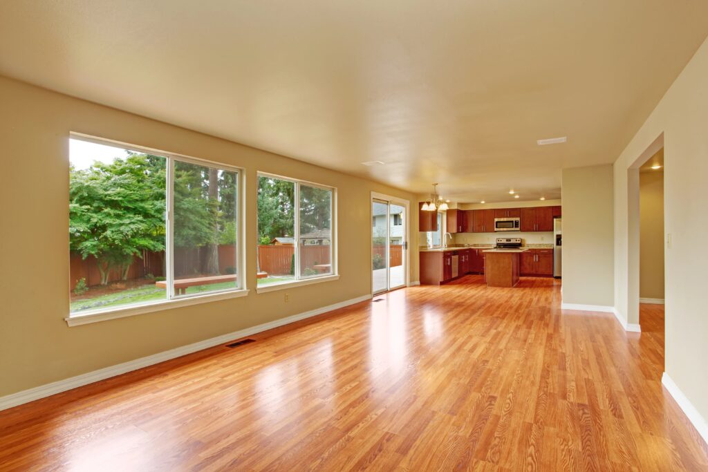 Recently cleaned hardwood floors in home, kitchen and living room